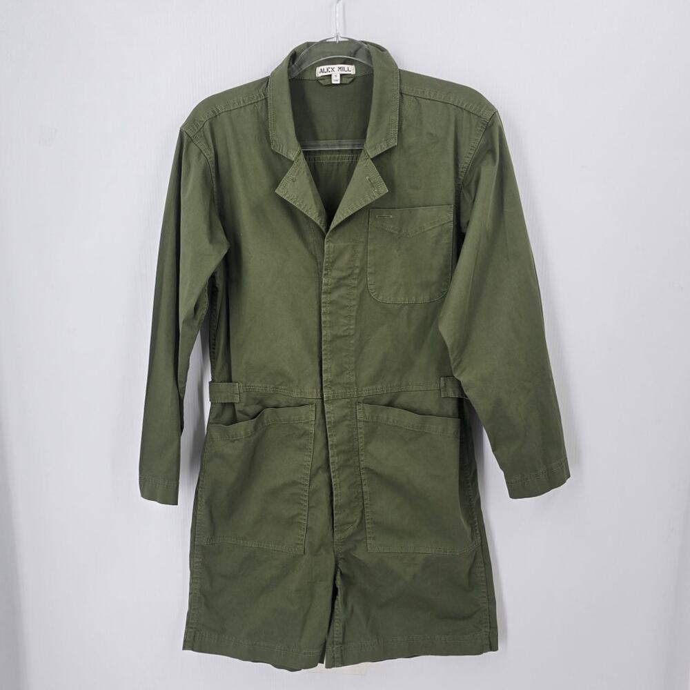 Alex Mill Olive Green Utility Romper Shorts Long Sleeve Cotton Stretch Pockets S
